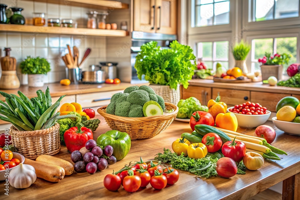 Fresh vegetables and fruits are artfully arranged on a wooden kitchen counter, awaiting preparation, conveying a sense of healthy eating and wellness lifestyle. Fresh vegetables and fruits are artfully arranged on a wooden kitchen counter, awaiting preparation, conveying a sense of healthy eating and wellness lifestyle.