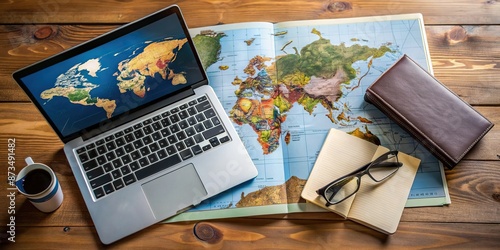 .Organization and planning evident on cluttered desk with scattered travel guides, maps, and passport, alongside laptop displaying visa requirements for exotic destinations abroad.