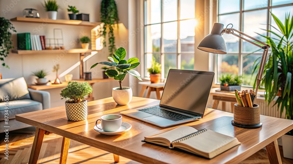 Cozy home workspace setup with open laptop and notebook, surrounded by calm ambiance, ideal for online learning and remote work activities. Cozy home workspace setup with open laptop and notebook, surrounded by calm ambiance, ideal for online learning and remote work activities.