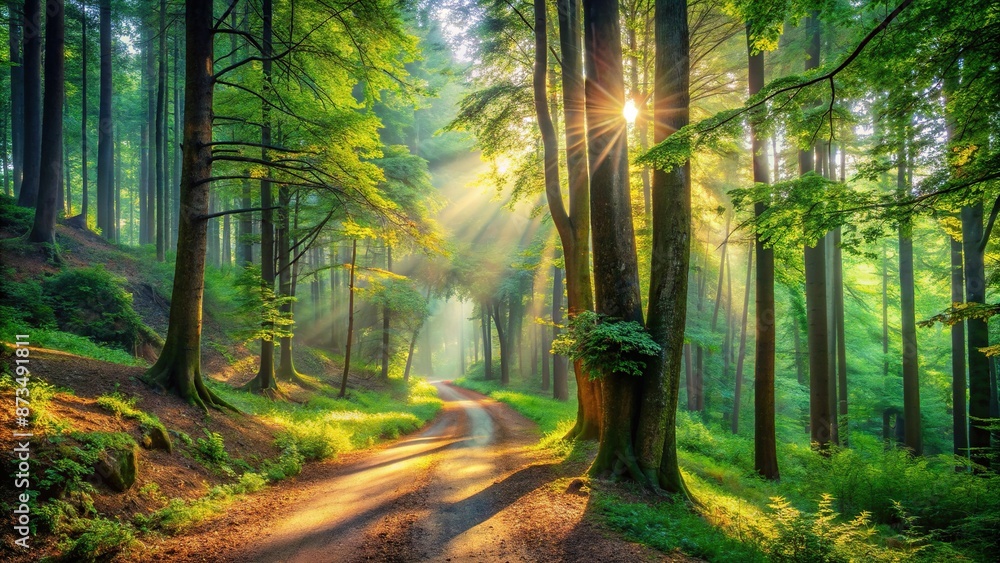 Obraz premium Serene morning atmosphere in a vibrant forest with a winding dirt path, towering trees, and lush green foliage, perfect for a friends' adventure.