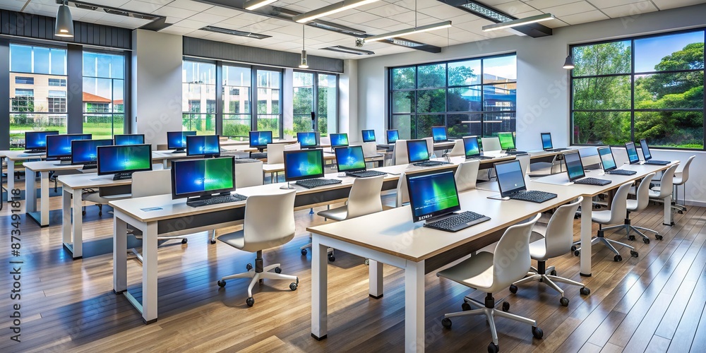 Modern classroom setup with rows of futuristic desks featuring high-tech screens displaying customized educational content tailored to individual students' unique learning needs. Modern classroom setup with rows of futuristic desks featuring high-tech screens displaying customized educational content tailored to individual students' unique learning needs.