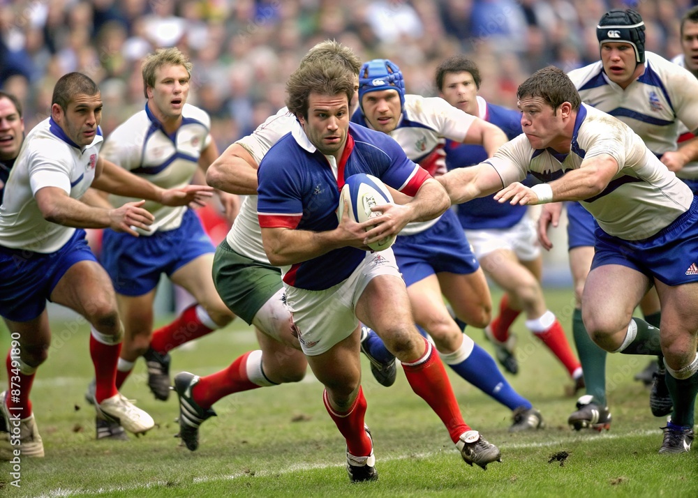 Dramatic rugby action shot featuring a solo player clutching the ball and battling through a sea of opponents during the prestigious international tournament in France. Dramatic rugby action shot featuring a solo player clutching the ball and battling through a sea of opponents during the prestigious international tournament in France.
