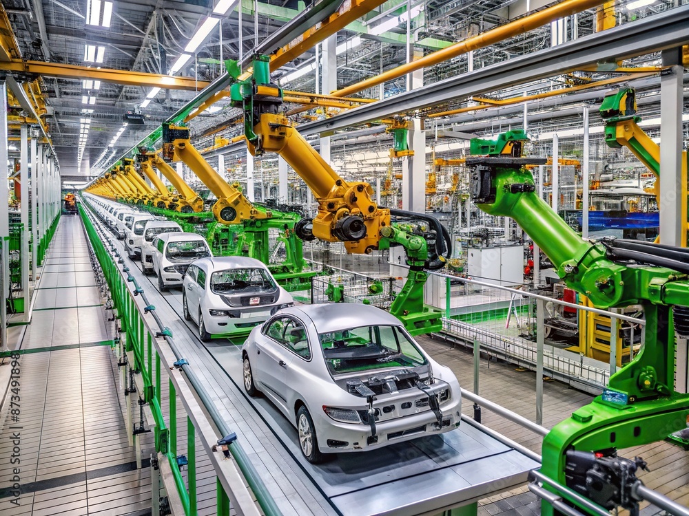 Fototapeta premium Automated robot arm assembly line manufacturing high-tech green energy electric vehicles. Automatic construction, building, welding industrial production conveyor. Cars on production line in factory.