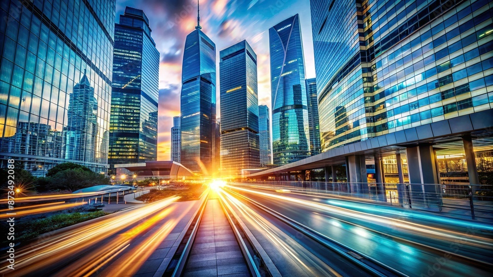 Obraz premium Dynamic blurry motion captures the essence of a thriving corporate hub, where futuristic digital displays and sleek architecture fuel fast-paced innovation and progress.