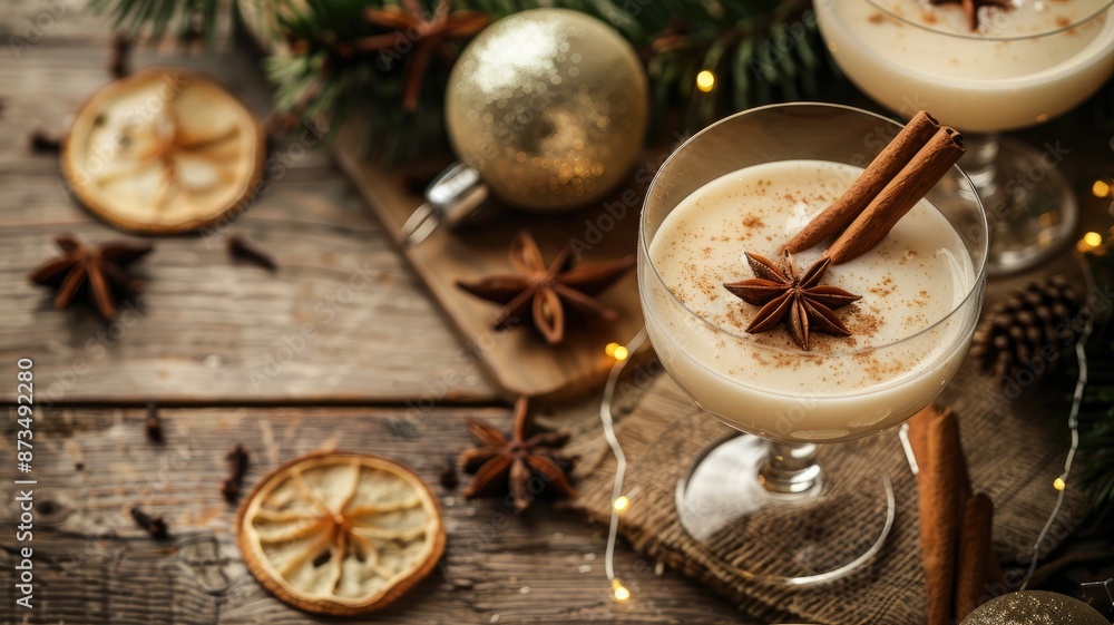 Festive spiced eggnog with cinnamon sticks and star anise garnish Festive spiced eggnog with cinnamon sticks and star anise garnish