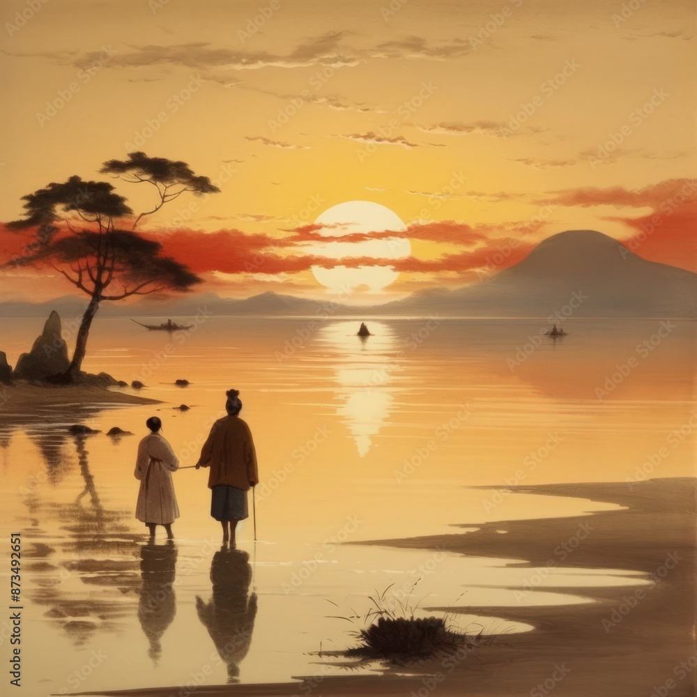 Fototapeta premium The artwork depicts a couple standing on a beach as the sun sets, showcasing a beautiful natural landscape with water, clouds, and a colorful afterglow