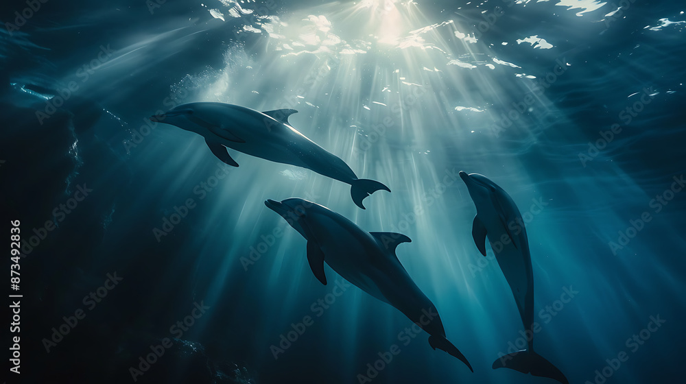 Obraz premium a captivating scene with dolphins underwater, illuminated by sunlight filtering through the water
