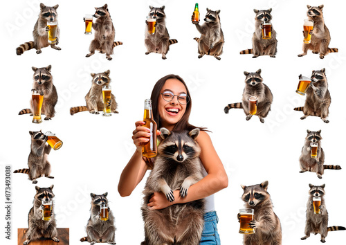 The raccoon drinks beer