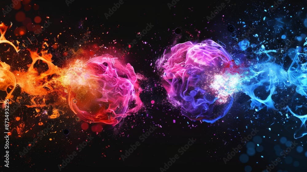 Colorful depiction of two proton particles colliding on black background Colorful depiction of two proton particles colliding on black background