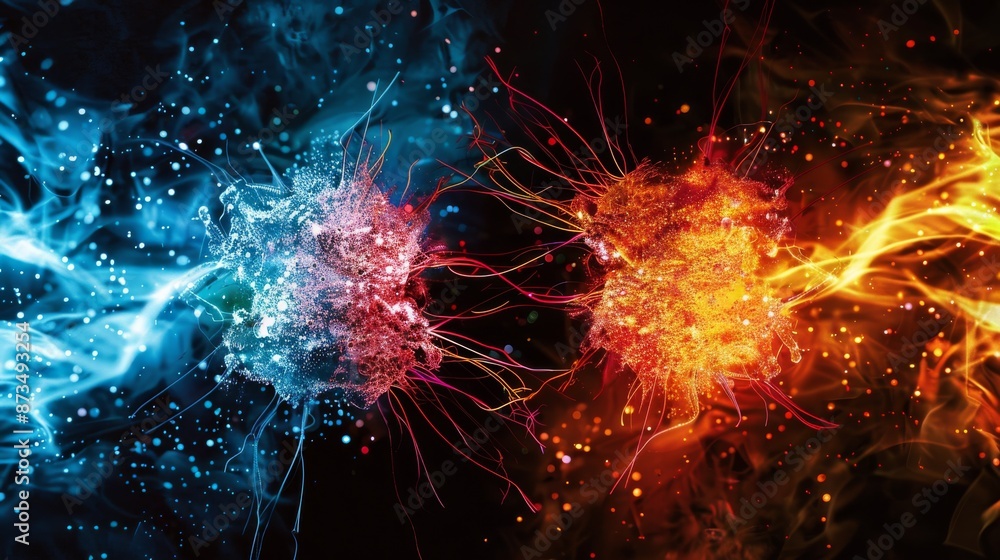 Colorful depiction of two proton particles colliding on black background Colorful depiction of two proton particles colliding on black background