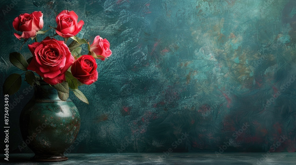 Fototapeta premium Roses in a vintage vase for Valentine s or Mother s Day themed background