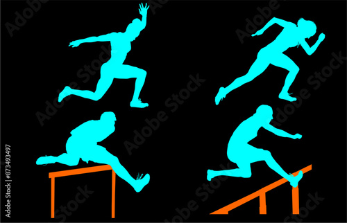 atletas, siluetas, salto, pertiga, deporte, vectores, salto de altura, pole, salto
