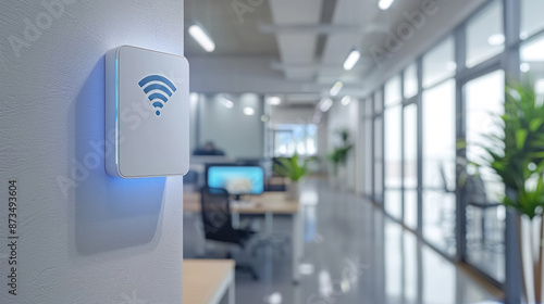 White router with blue Wi-Fi symbol on wall of empty, bright, modern business office with furniture desks, computers, blurry background