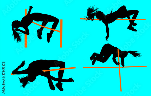 atletas, siluetas, salto, pertiga, deporte, vectores, salto de altura, pole, salto