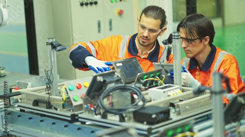 Wallpaper Mural Two engineer or technician worker men with one hold tablet and discuss about machine to check and maintenance in robot factory workplace. Torontodigital.ca