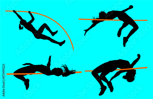 atletas, siluetas, salto, pertiga, deporte, vectores, salto de altura, pole, salto