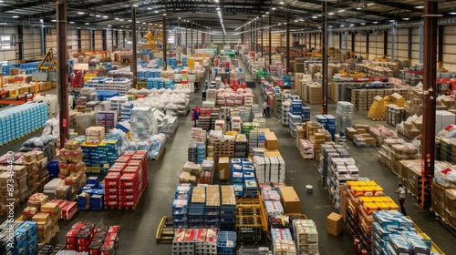 An expansive industrial warehouse packed with a diverse array of products and materials, illustrating the complexity of modern supply chains, photography style