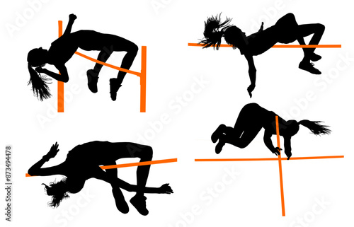 atletas, siluetas, salto, pertiga, deporte, vectores, salto de altura, pole, salto