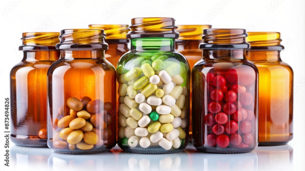 A row of glass bottles filled with various colored pills A row of glass bottles filled with various colored pills