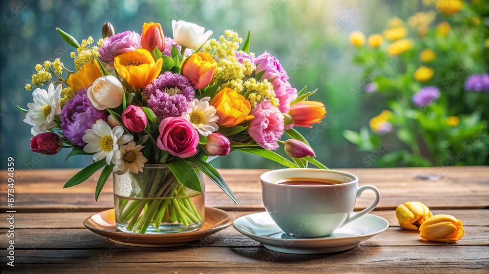 A vase of flowers sits on a wooden table next to a white cup A vase of flowers sits on a wooden table next to a white cup