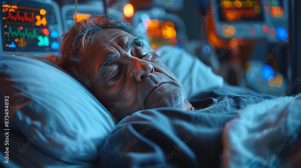 A man is sleeping in a hospital bed with a monitor displaying his vital signs, Photorealistic A man is sleeping in a hospital bed with a monitor displaying his vital signs, Photorealistic