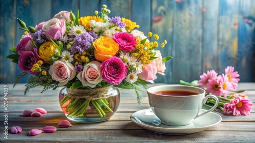 Wallpaper Mural A vase of flowers sits on a wooden table next to a white cup Torontodigital.ca
