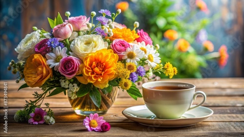 A vase of flowers sits on a wooden table next to a white cup