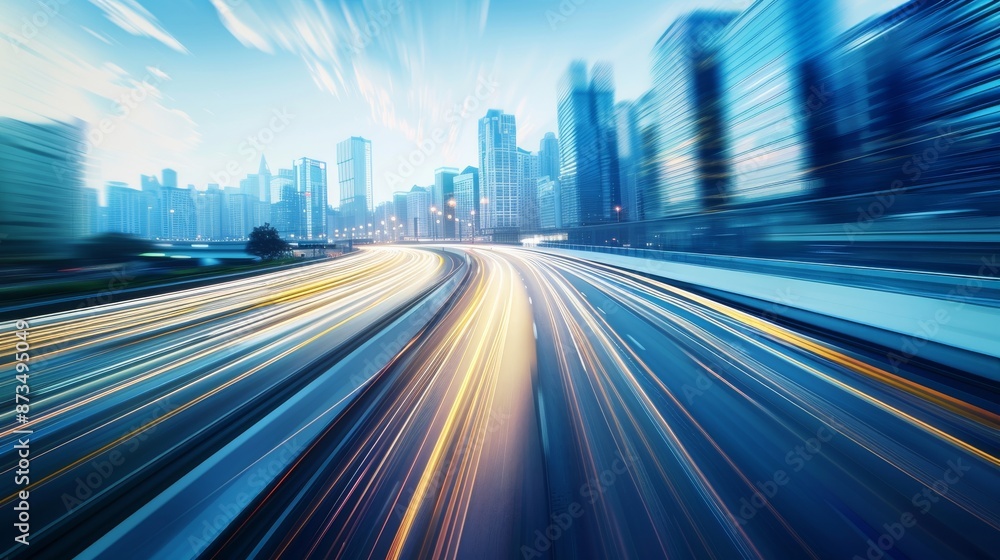Fototapeta premium blurred motion highway with modern city skyline in the background