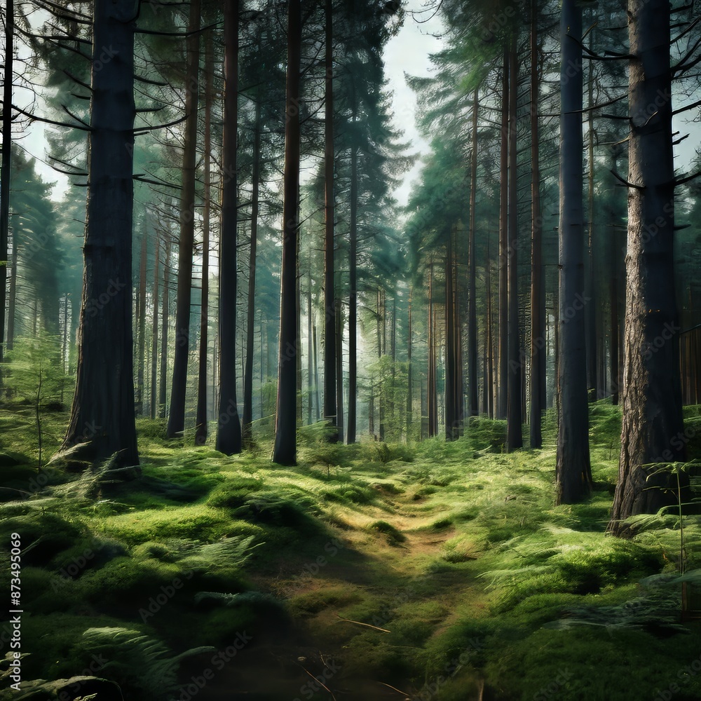 Fototapeta premium The sunlight filters through the trees in the forest, illuminating the plant life and creating a beautiful natural landscape , generated by AI