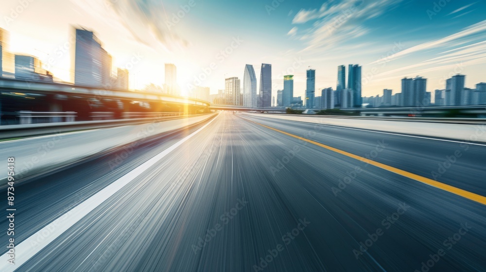side view of blurred motion highway with modern city skyline in the background side view of blurred motion highway with modern city skyline in the background