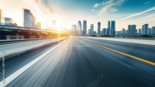 Wallpaper Mural side view of blurred motion highway with modern city skyline in the background Torontodigital.ca