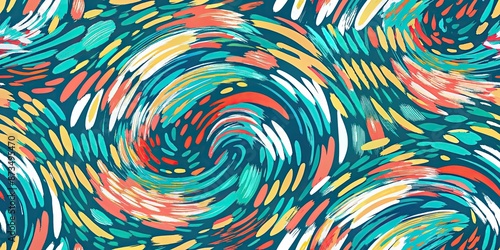 A vibrant abstract background with a blend of vivid colors like blue, green, red, and yellow, seamlessly merging in a gradient. The composition features fluid shapes such as circles, wavy lines, and c