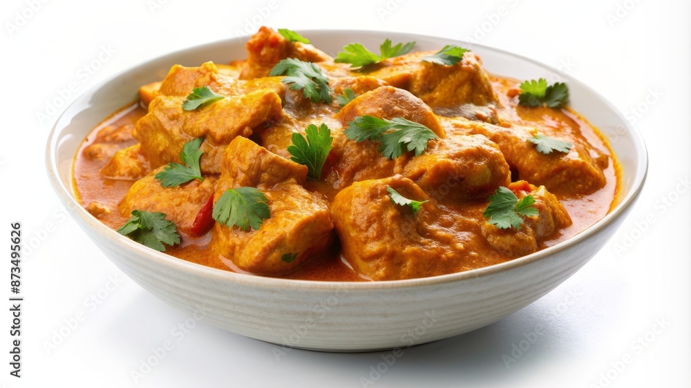 A bowl of red curry with meat and green herbs A bowl of red curry with meat and green herbs