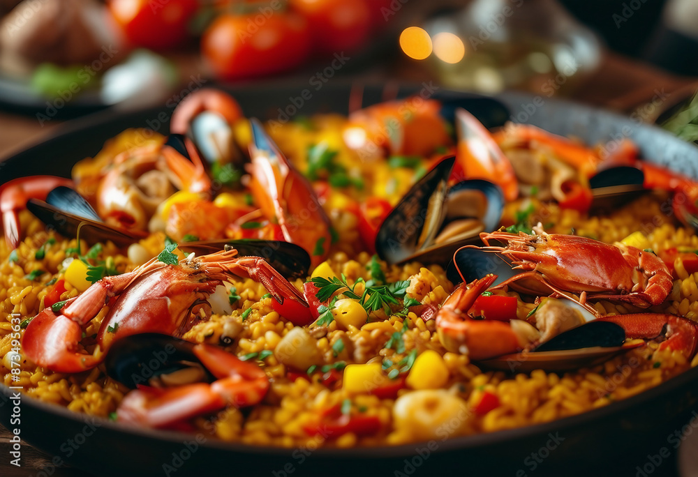 Traditional Spanish seafood paella, blurry background. Traditional Spanish seafood paella, blurry background.