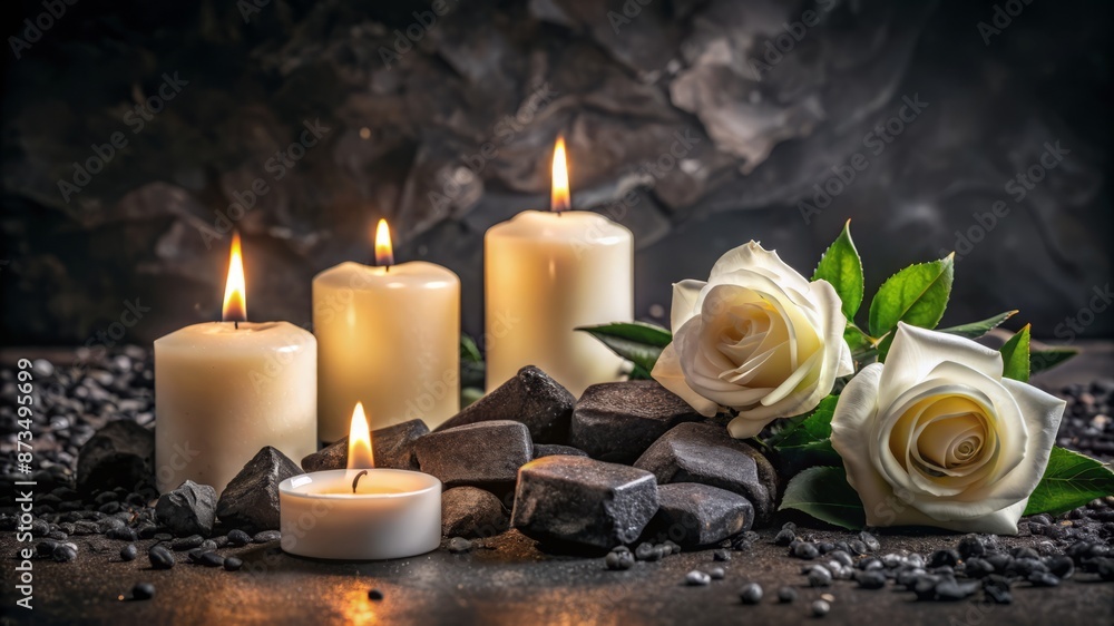 A candlelit table with four white candles and two white roses A candlelit table with four white candles and two white roses