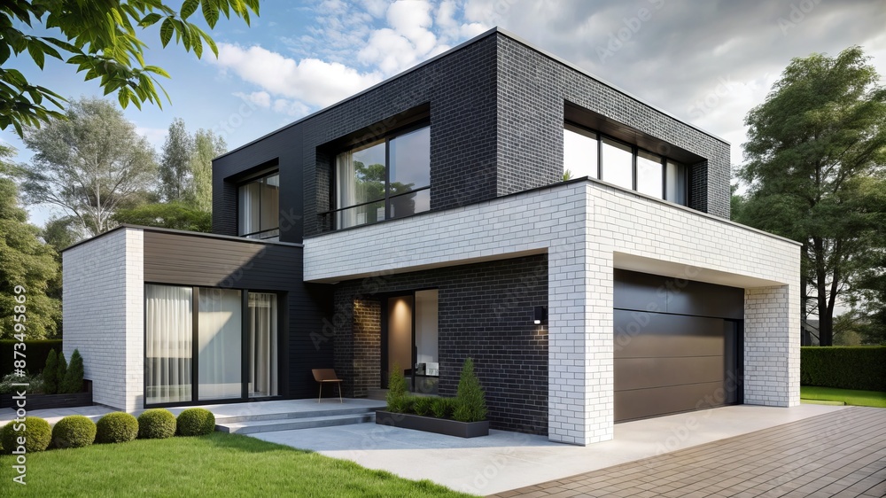 A large, modern house with a black brick exterior and white trim A large, modern house with a black brick exterior and white trim