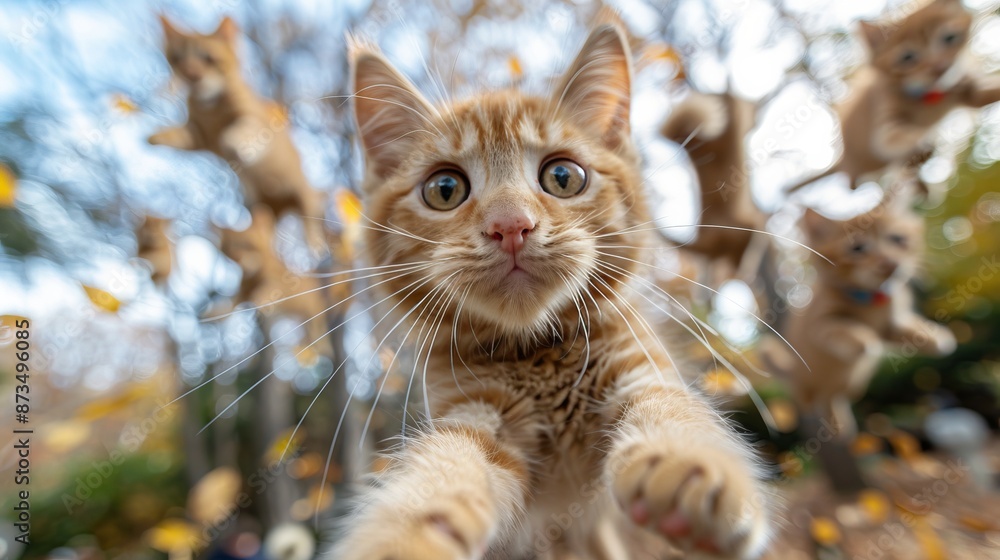 Focus on cat in foreground with diffuse cats in the background. Focus on cat in foreground with diffuse cats in the background.