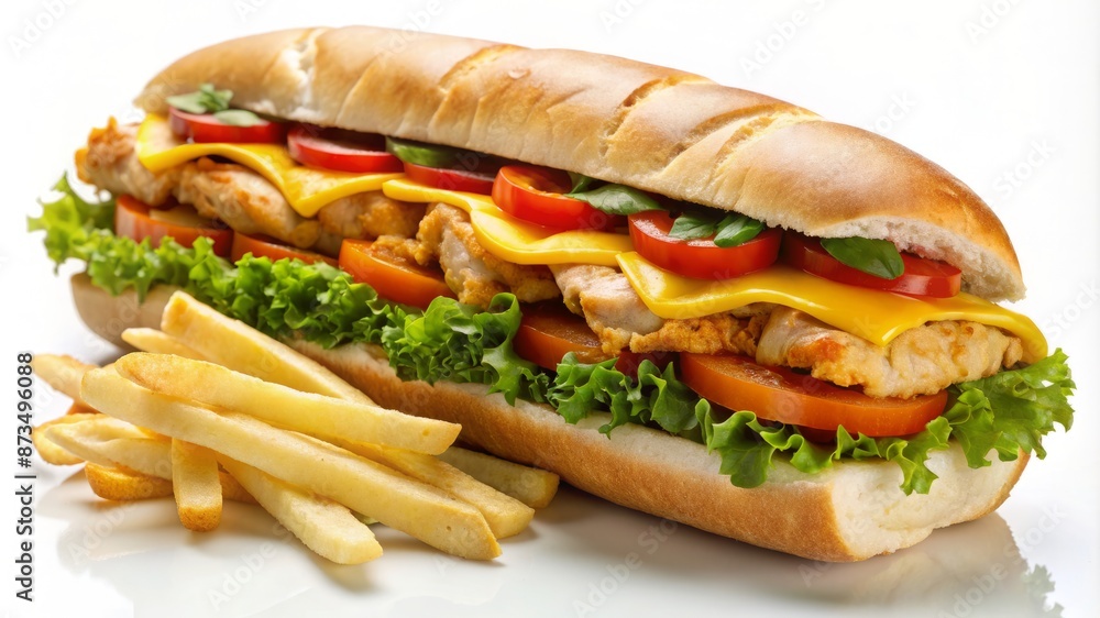 A large sandwich with lettuce, tomatoes, and cheese sits on a white background A large sandwich with lettuce, tomatoes, and cheese sits on a white background