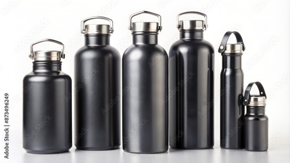 A row of five black water bottles with silver lids A row of five black water bottles with silver lids