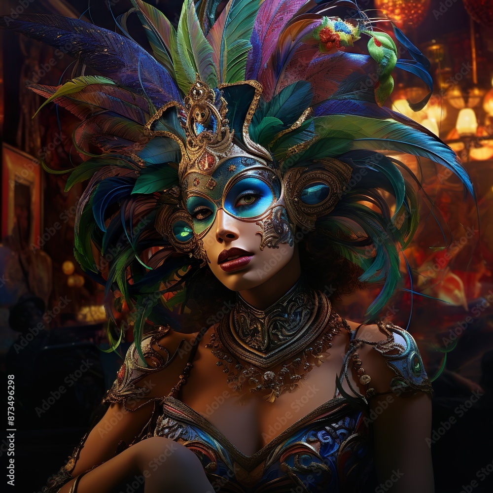 Fototapeta premium Portrait of an attractive masked female person in carnival costume and amazing headdress posing