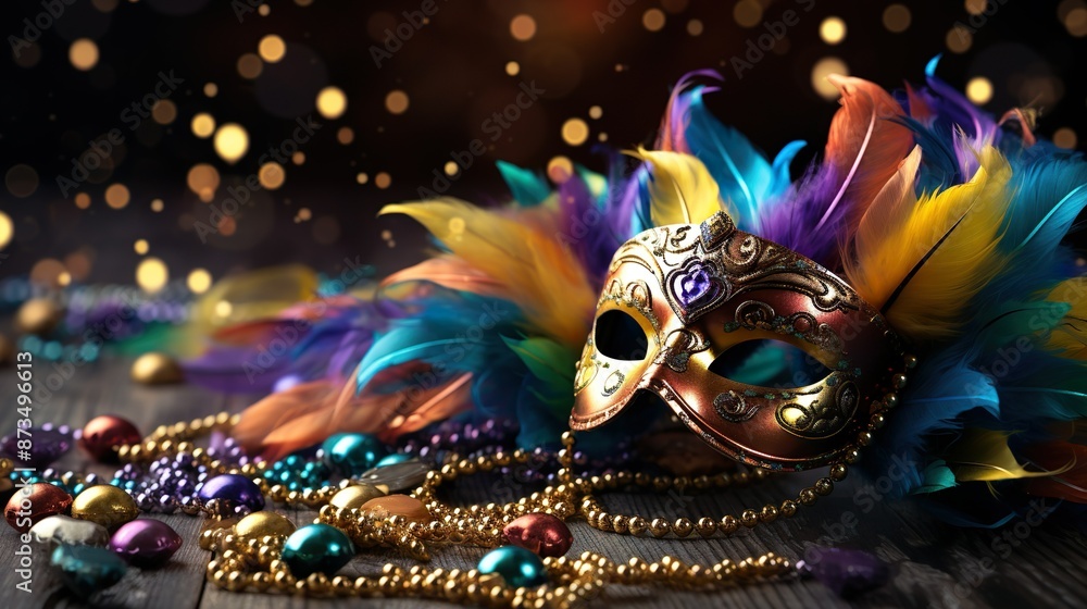 multi color Female carnival mask with shiny background. LV Mardi Gras sequined mask, decorated with feathers on a bed of feathered Mardi Gras feather Boas. Colorful beads and spot lights of color.
multi color Female carnival mask with shiny background. LV Mardi Gras sequined mask, decorated with feathers on a bed of feathered Mardi Gras feather Boas. Colorful beads and spot lights of color.