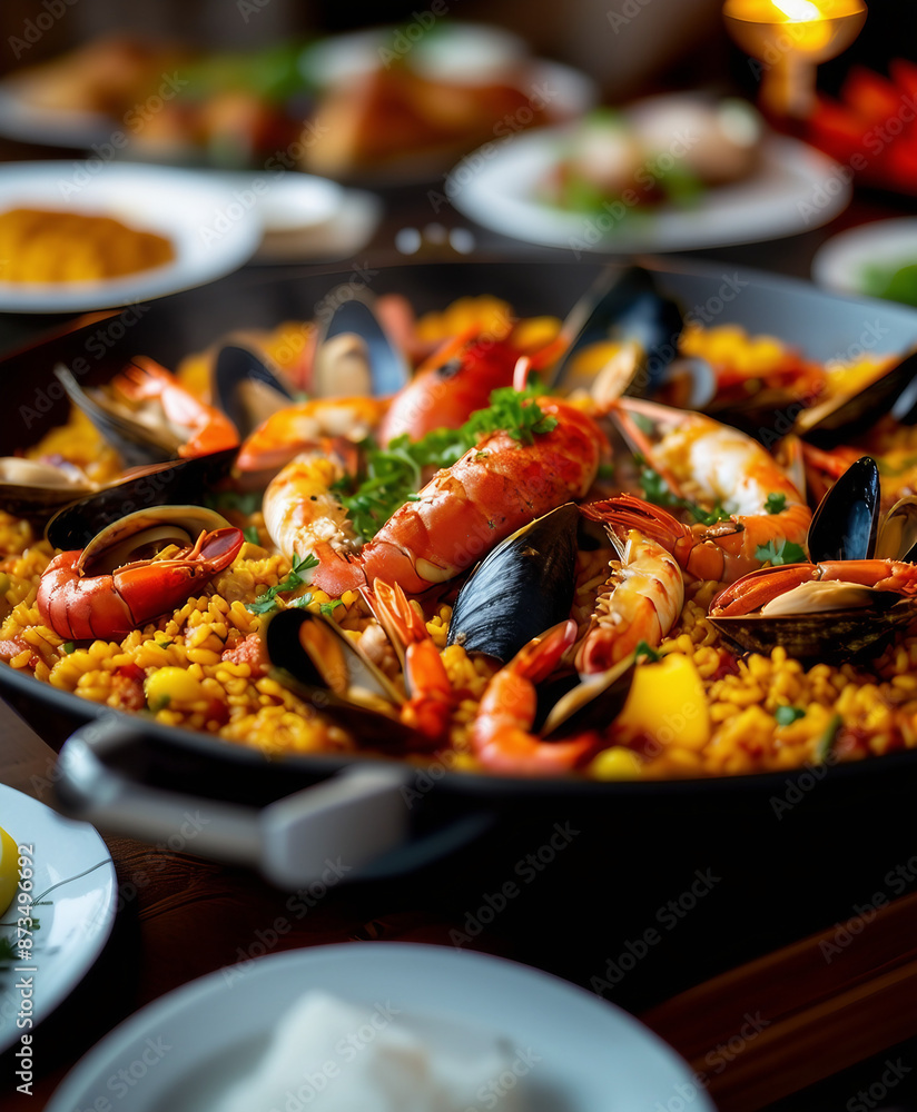 Traditional Spanish seafood paella, blurry background. Traditional Spanish seafood paella, blurry background.