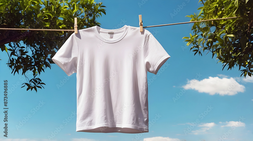 Blank white t-shirt mock up hanging on drying rope, blue sky background, fashion and clothing, copy space area, template