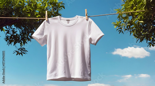 Obraz na płótnie Blank white t-shirt mock up hanging on drying rope, blue sky background, fashion and clothing, copy space area, template w salonie