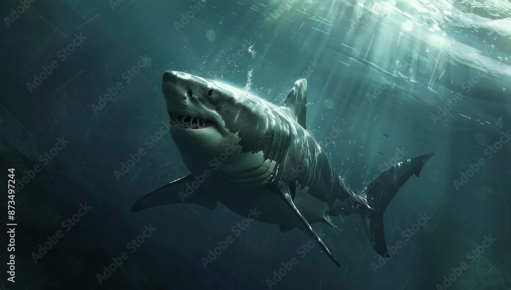 Fototapeta premium Great White Shark Under a Sunlit Surface