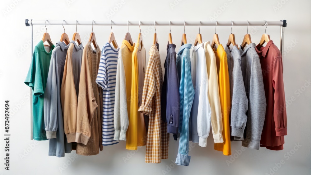 A rack of clothes with a variety of colors and patterns A rack of clothes with a variety of colors and patterns