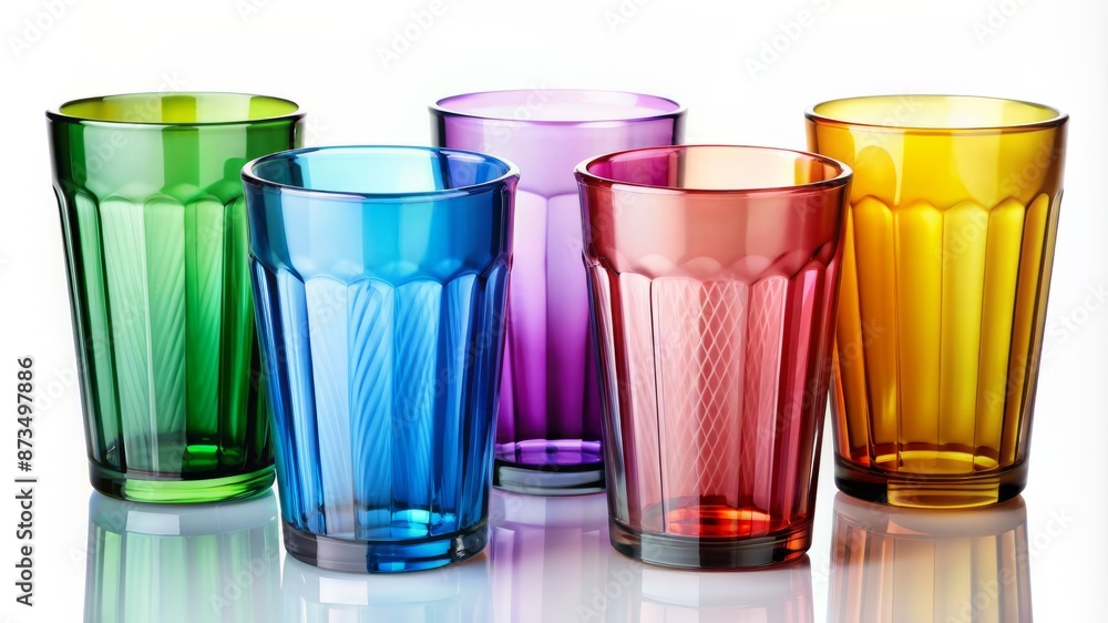 A row of colorful plastic cups with a metallic rim A row of colorful plastic cups with a metallic rim