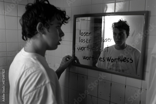 A young man stands in front of a mirror in a tiled bathroom, looking at his reflection. He sees himself with the word loser written on his reflection, repeatedly, in a harsh, black marker