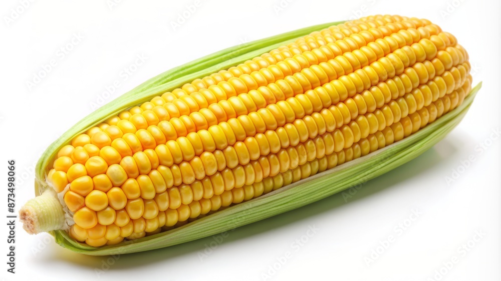 A yellow corn cob with green leaves A yellow corn cob with green leaves