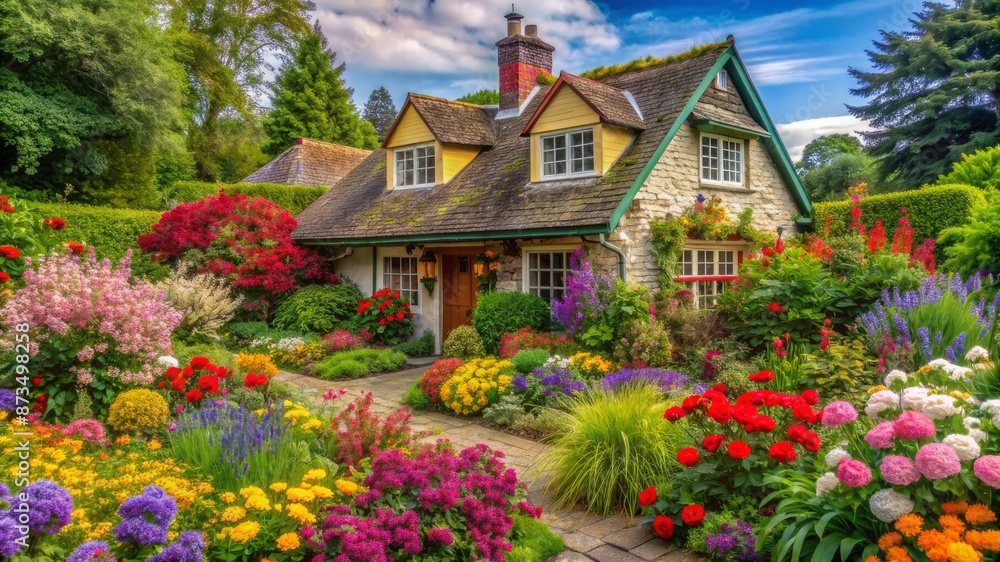 A colorful house with a garden full of flowers A colorful house with a garden full of flowers